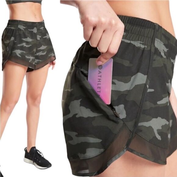 ATHLETA Printed Mesh Racer Run Shorts 4” Camo Mesh Green Women’s Size Small - Picture 4 of 9